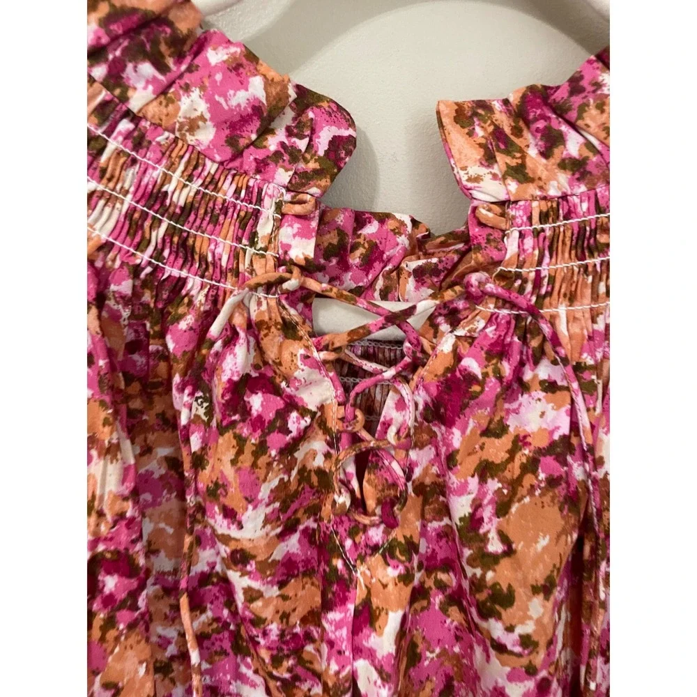J.Crew Smocked Neck Puff Sleeve Poplin Top Pink Orange Abstract Floral Size M